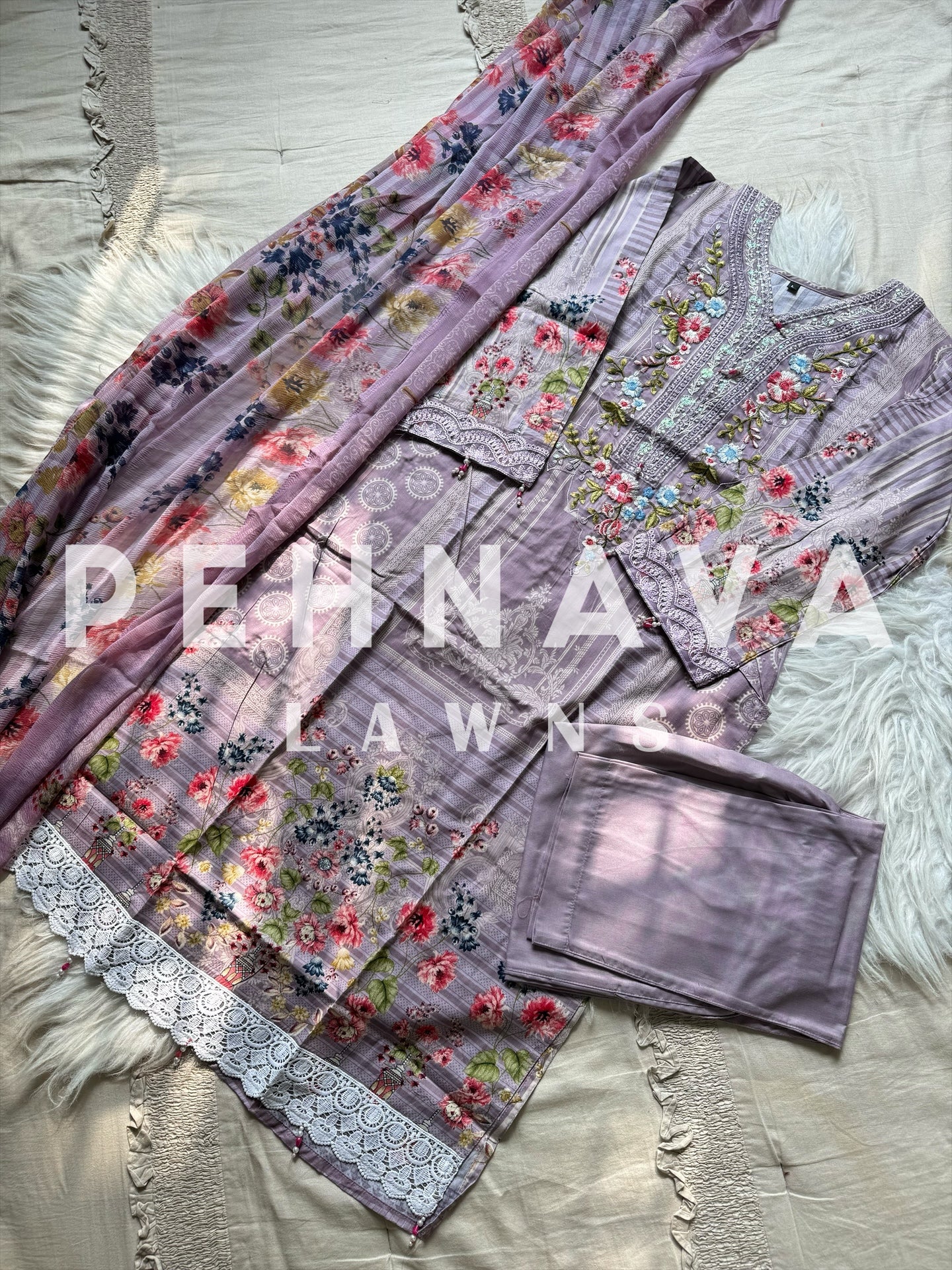 Paki printed suit with embroidered patches -1001