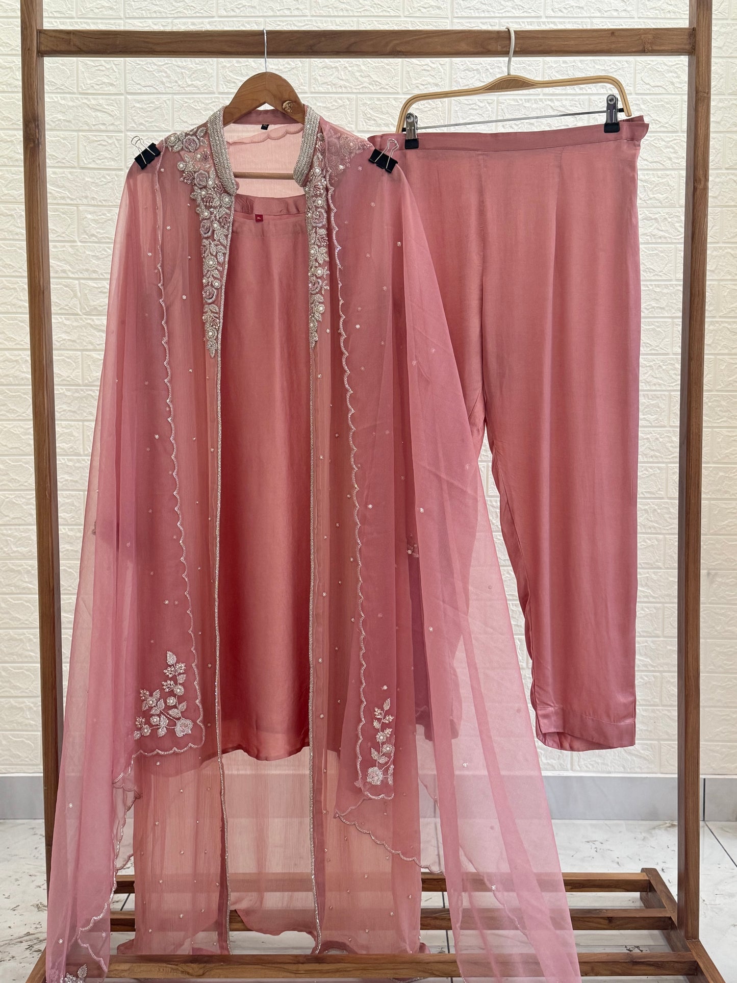 Premium Chiffon handworeked jacket style with scalloped organza dupatta