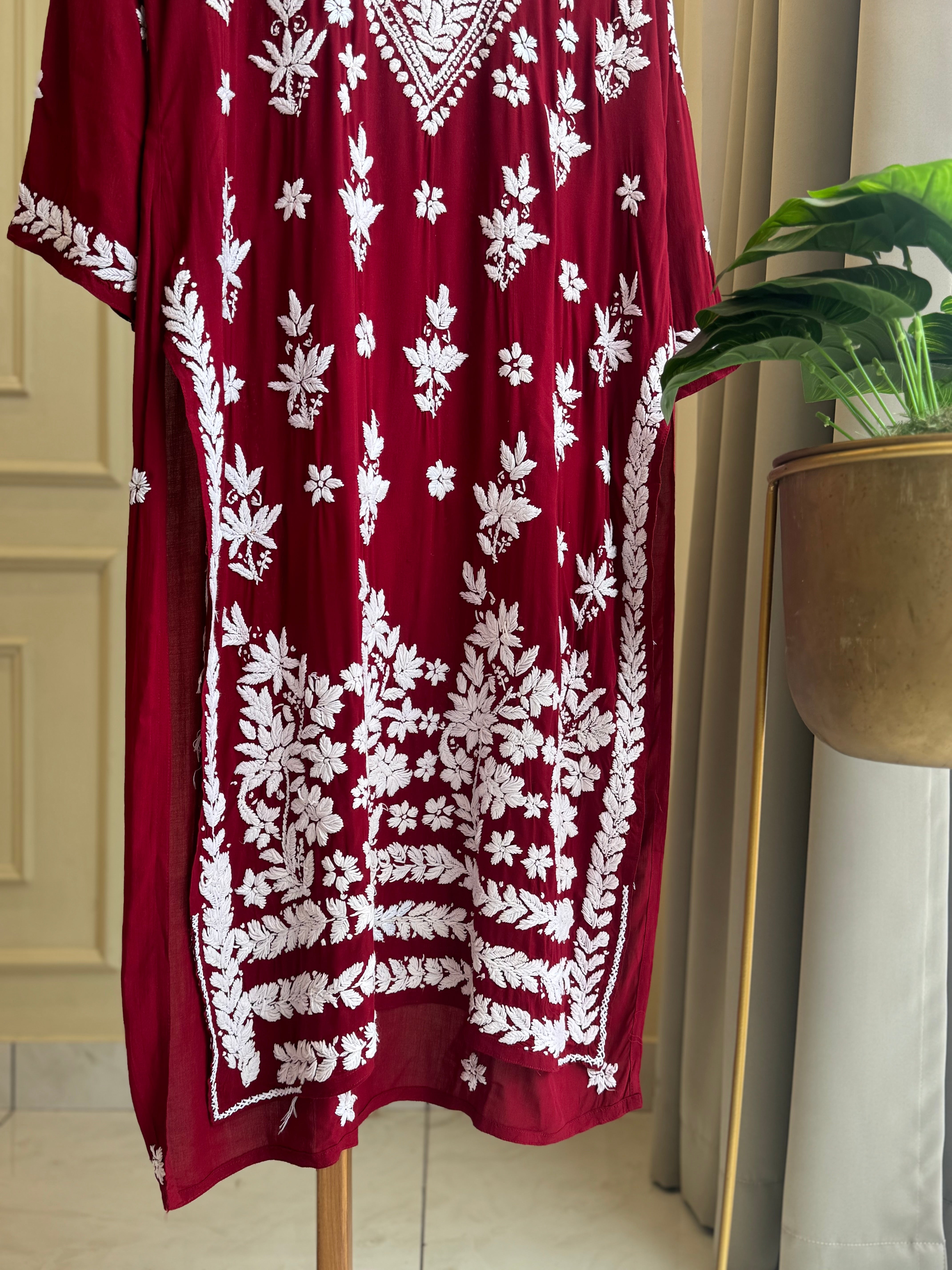 Authentic chikankaari embroidered suit-deep red