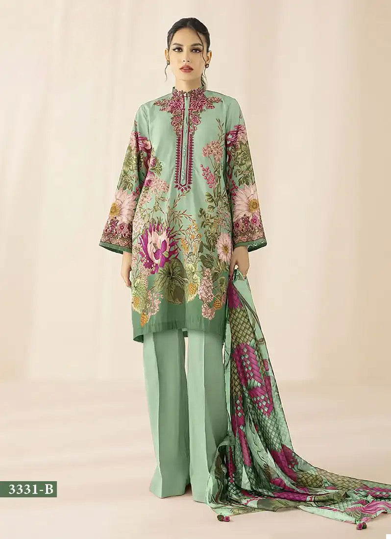 Printed casual suit with chiffon dupatta-3331