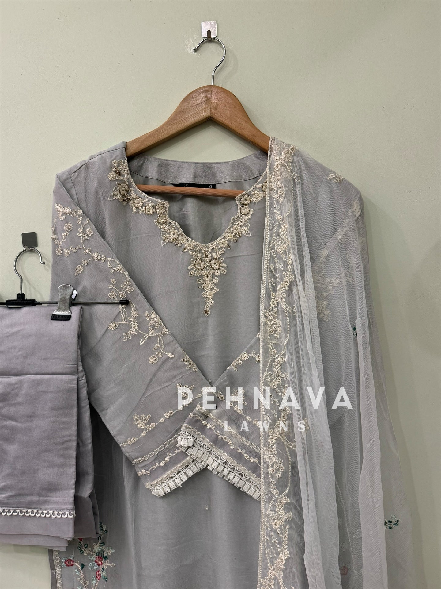 Embroidered chiffon suit with handwork detailing-1223