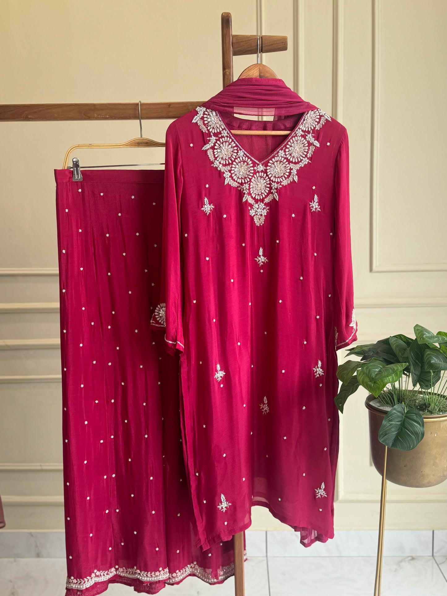 Chinnon handworked suit with handworked wide palazzo-color options available