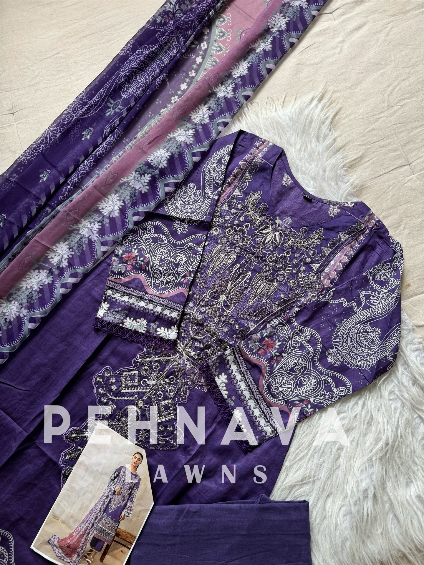 Embroidered cotton suit with chiffon dupatta -violet 3275