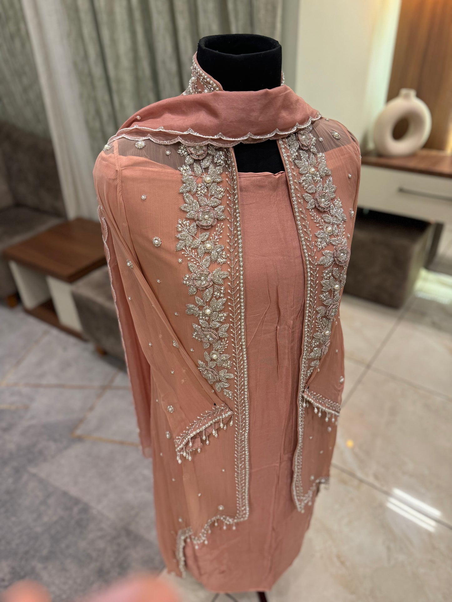 Premium Chiffon handworee jacket style with scalloped organza dupatta