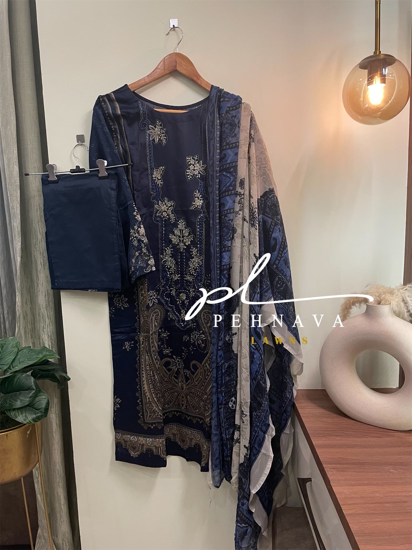 Navy blue Printed casual suit with chiffon dupatta -496