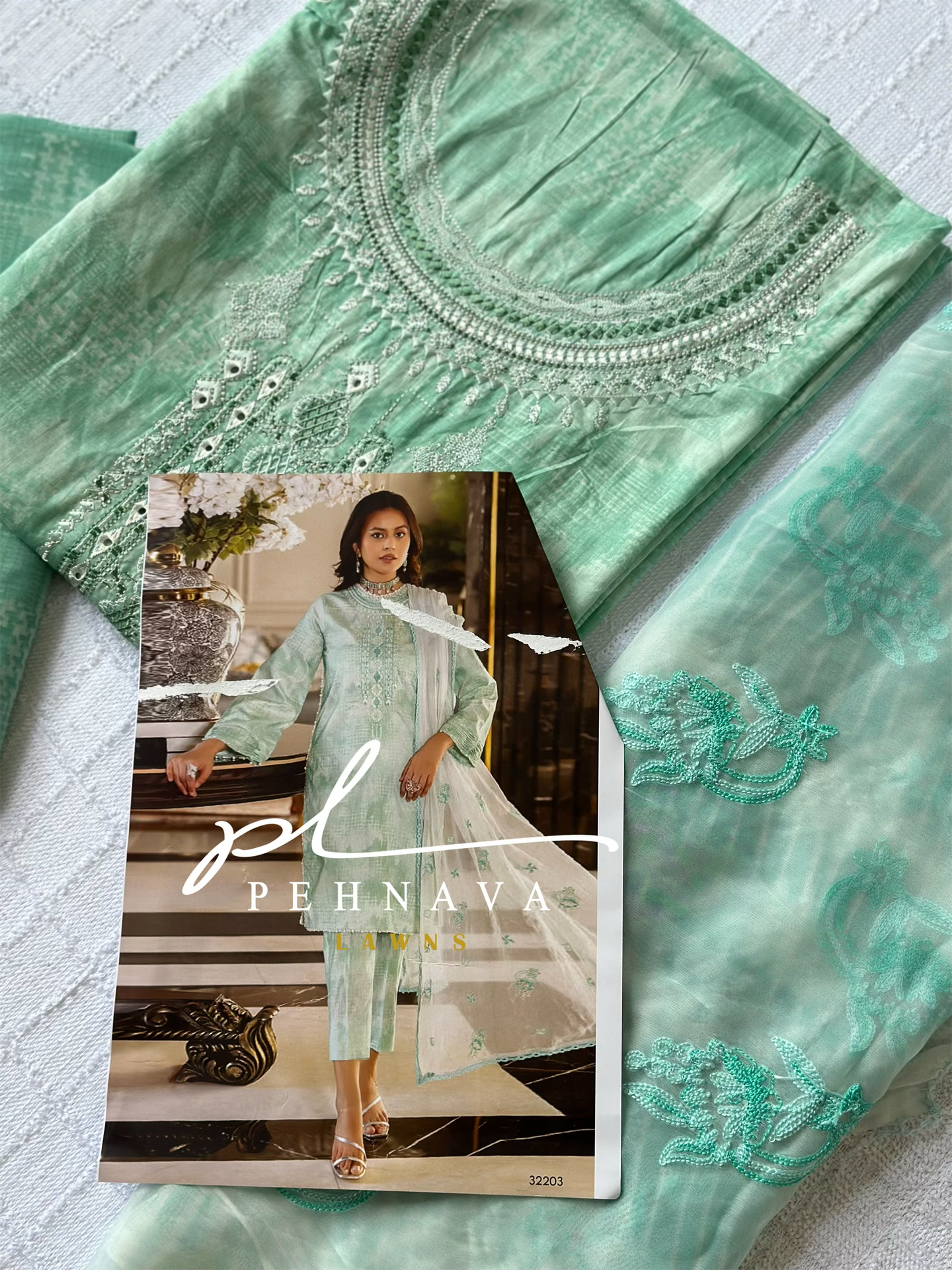 Self embroidered suit wirh embroidered chiffon dupatta-32203