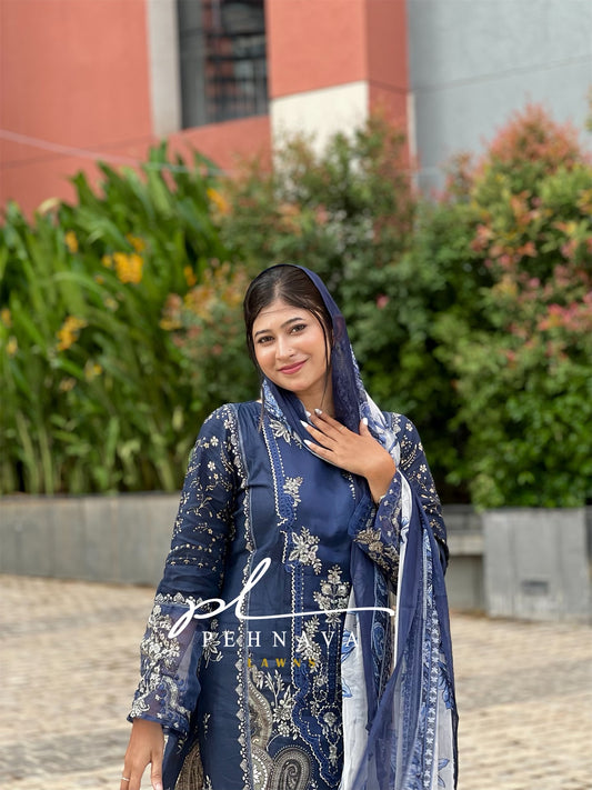 Navy blue Printed casual suit with chiffon dupatta -496