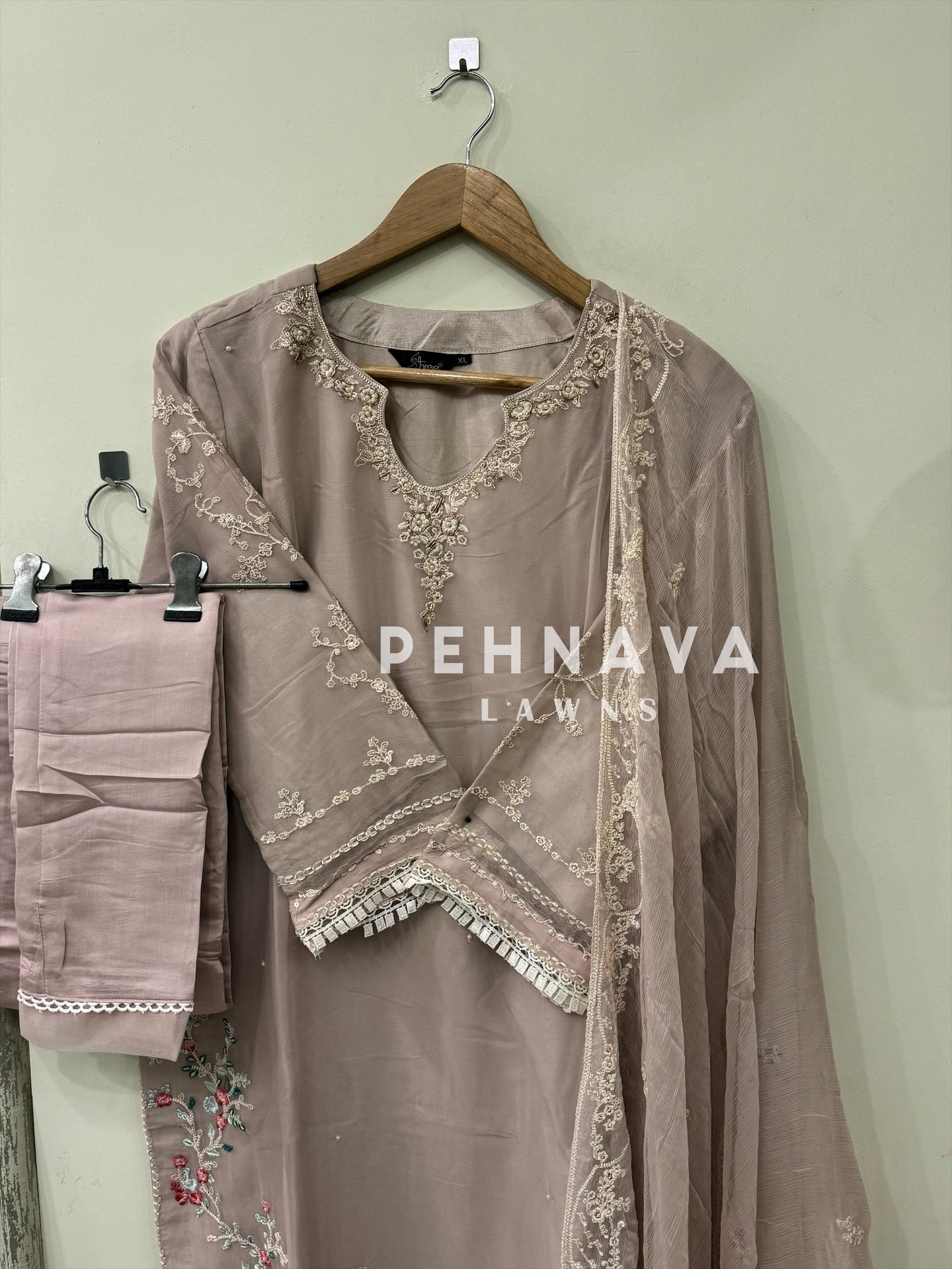 Embroidered chiffon suit with handwork detailing-1223