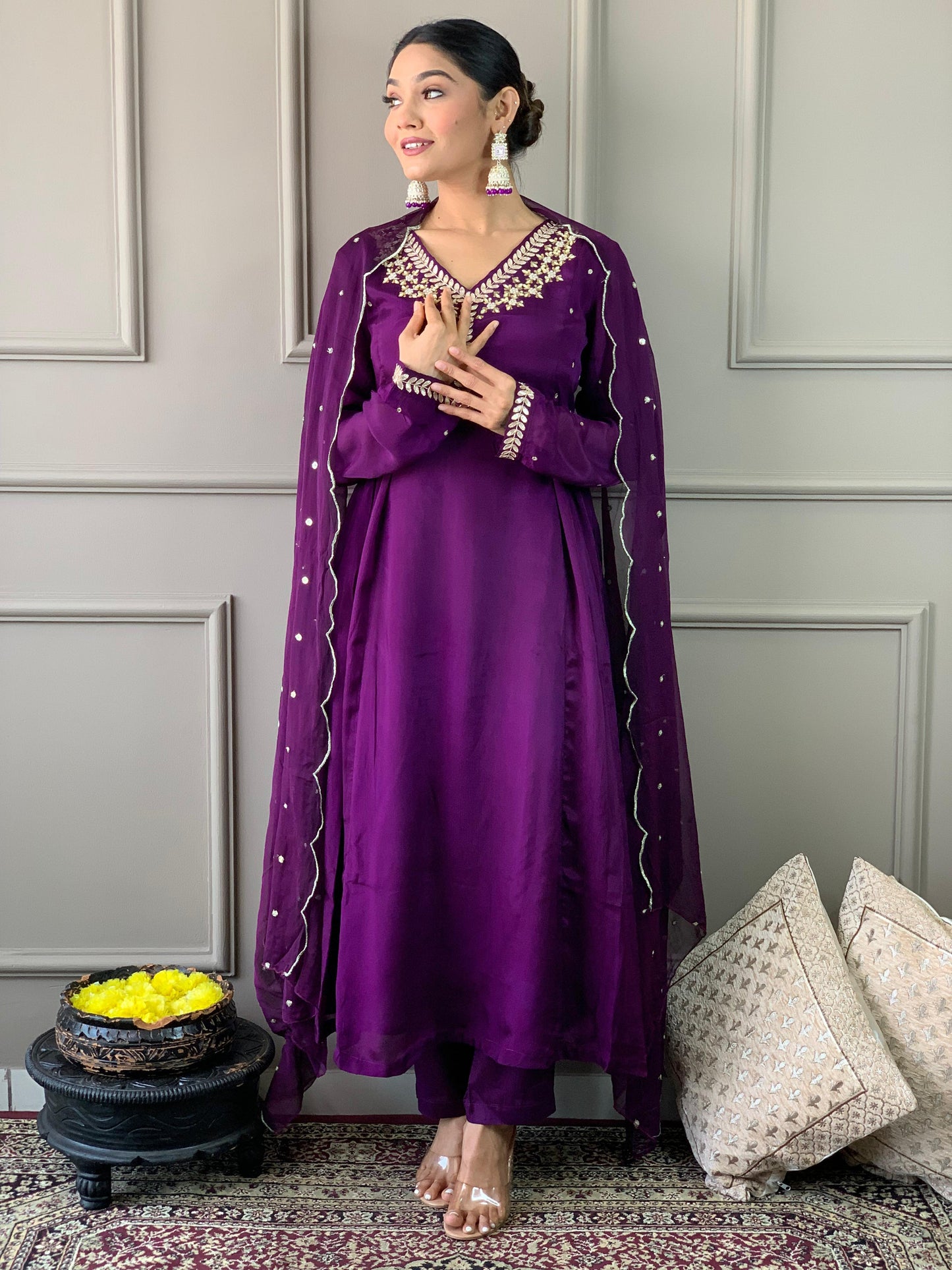 Pure chinnon stitched suit with neck detailing-purple