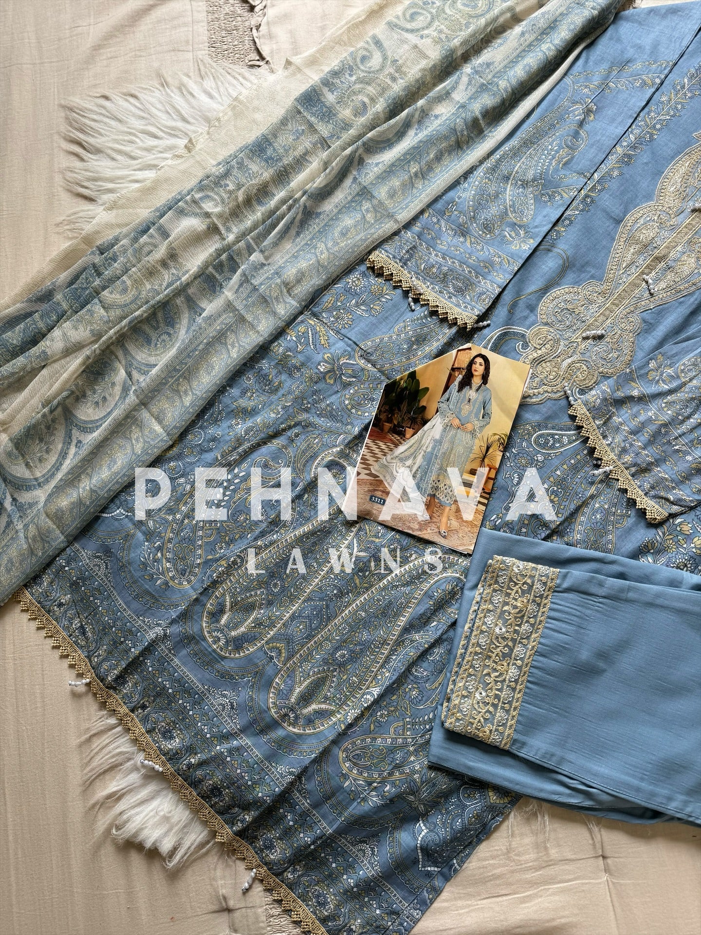 Beautiful blue Printed casual suit with chiffon dupatta -3311