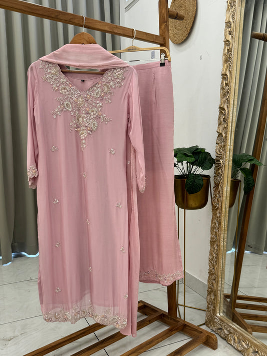 Pure viscose organza hand embroidered suit-pink