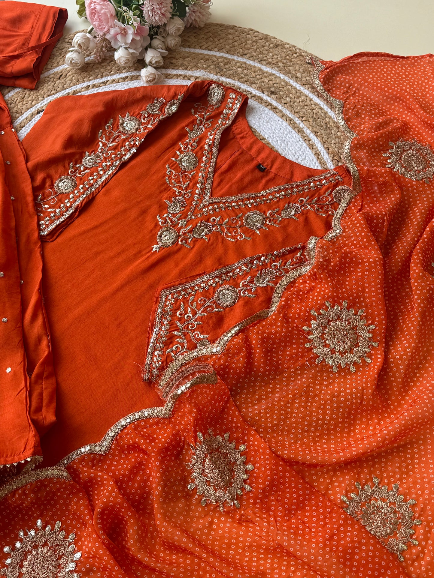 Rust orange silk suit with sharara and embroidered dupatta-4194