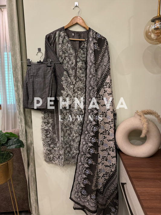 Cutwork embroidered suit with cotton dupatta-4