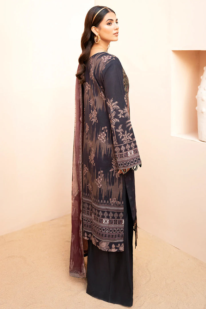 Embroidered cotton suit with chiffon dupatta - black 3374