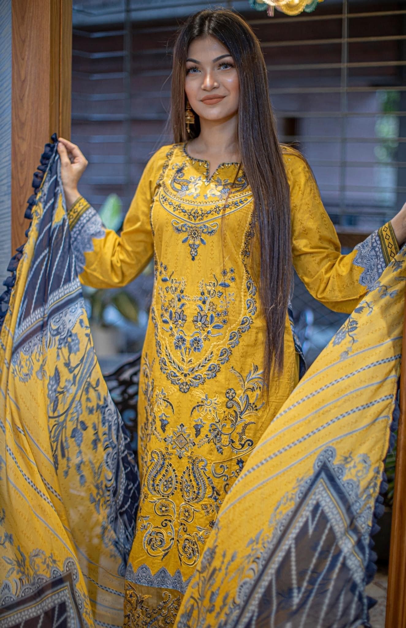 Embroidered cotton suit with chiffon dupatta -3229