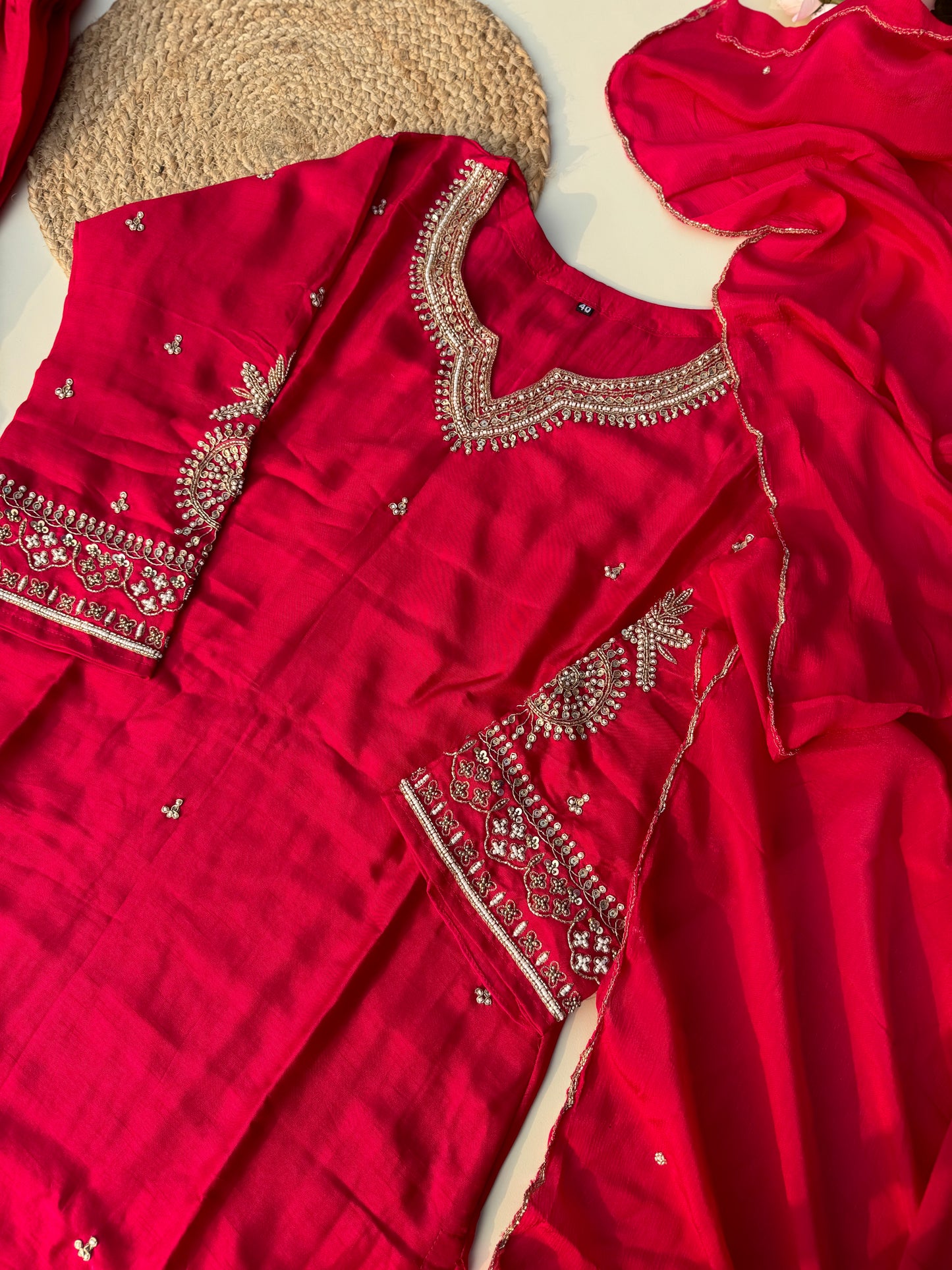 Silk stitched suit with neck detailing-gulabi