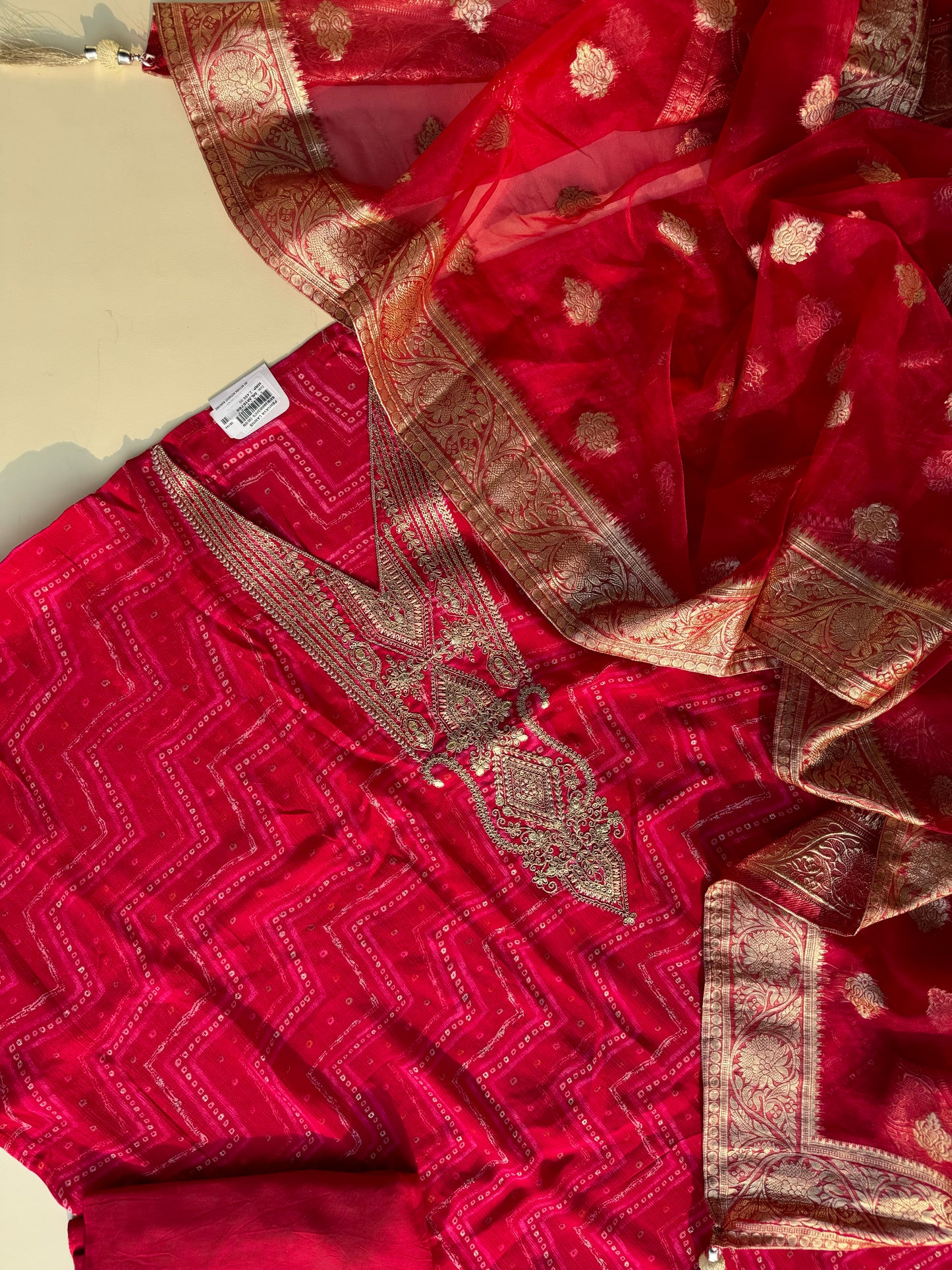 Pure chinnon semi stitched suit with banarsi woven dupatta