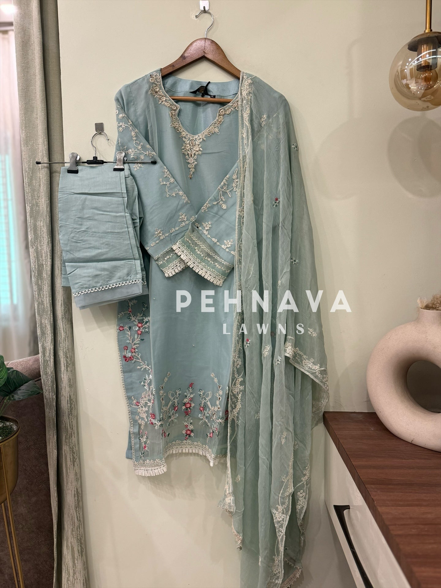 Embroidered chiffon suit with handwork detailing-1223