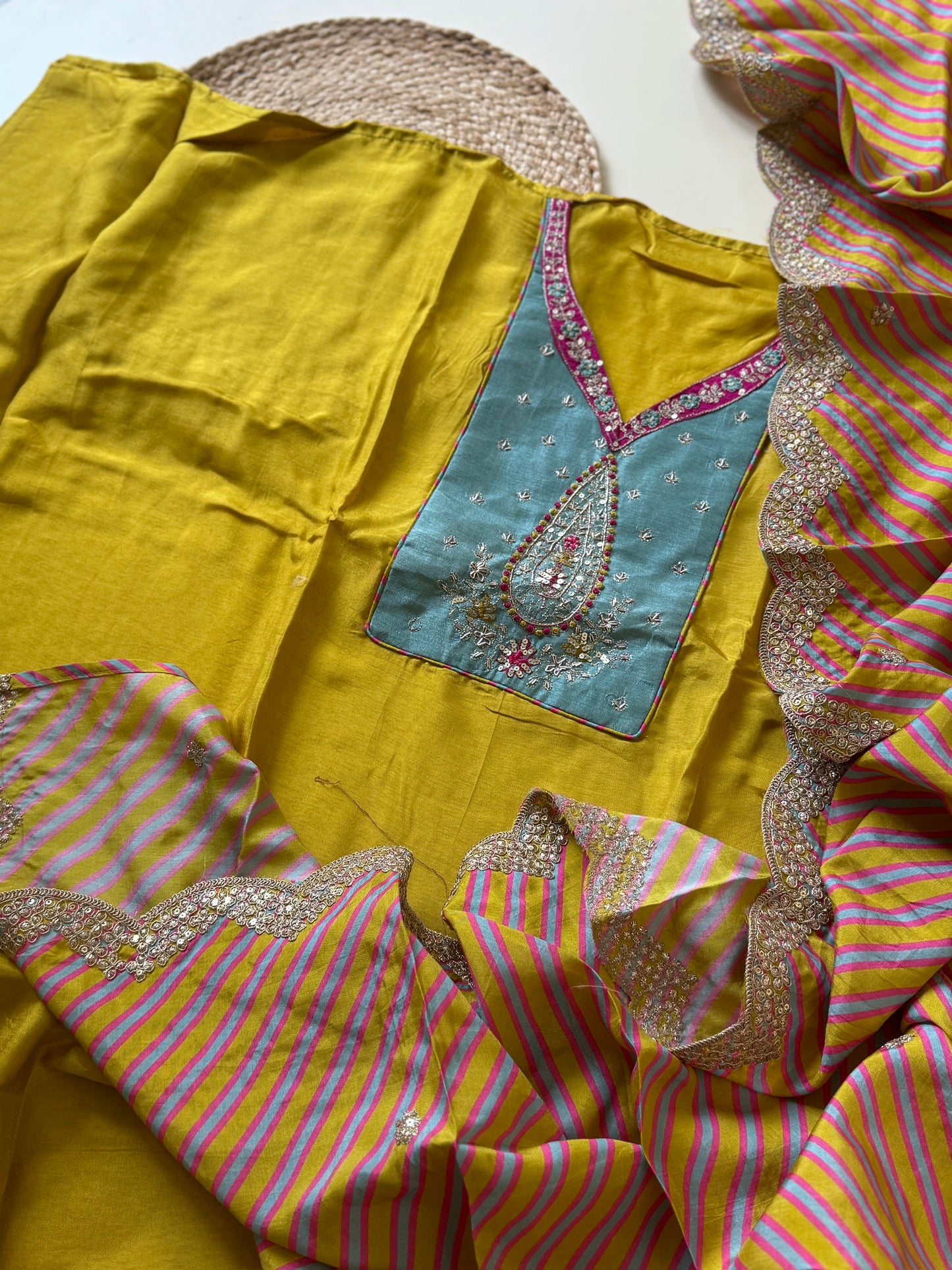 Yellow unstitched silk suit with scalloped dupatta