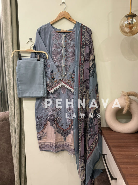 Beautiful printed suit with chiffon dupatta-6007