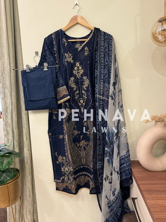 Stitched Navy blue Printed casual suit with chiffon dupatta -496