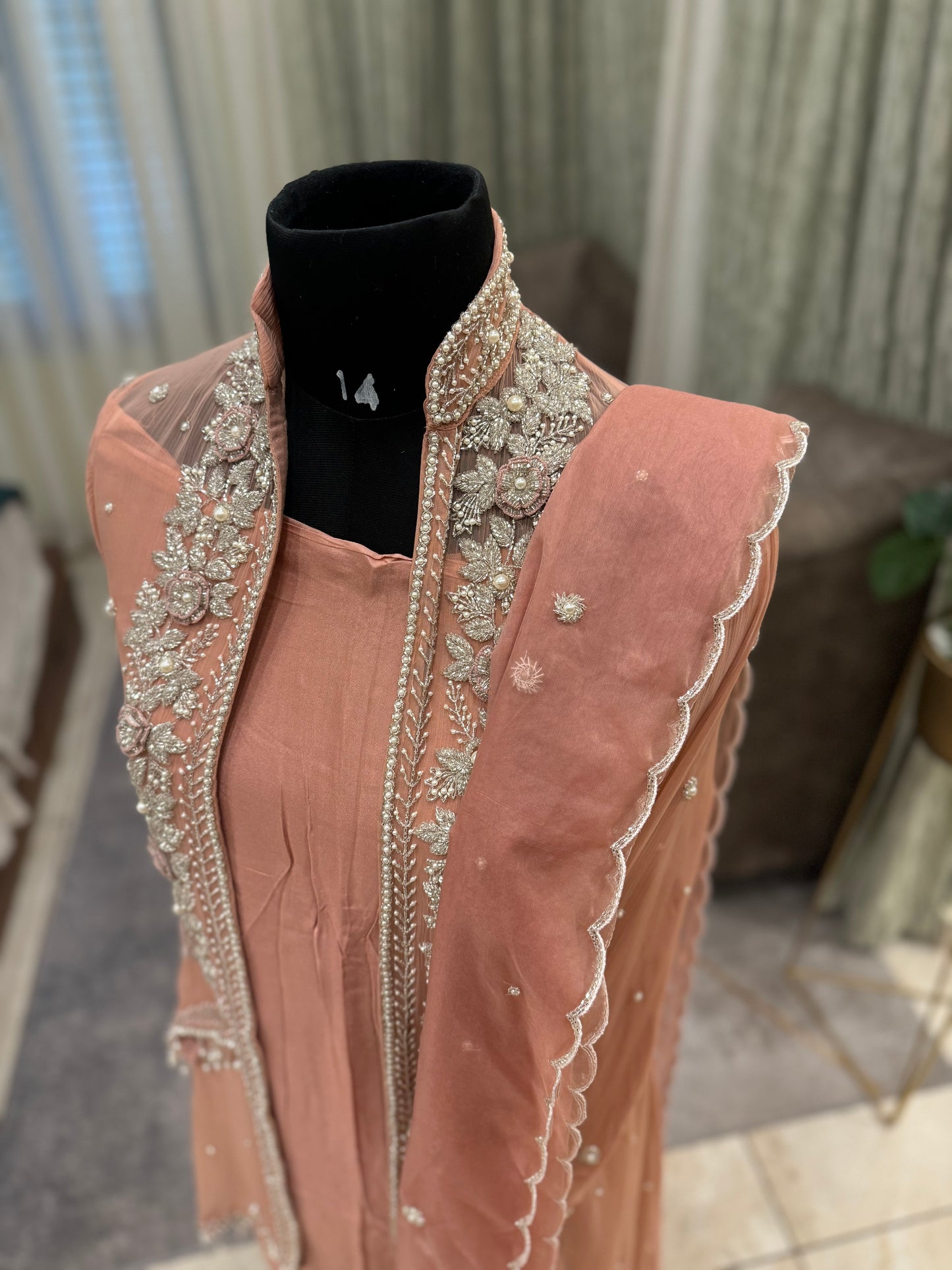 Premium Chiffon handworee jacket style with scalloped organza dupatta