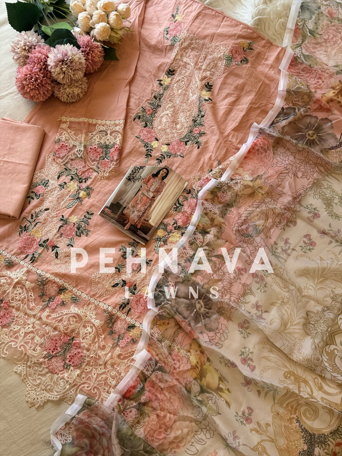 Cotton Embroidered Suit with Chiffon Dupatta-3771/3563