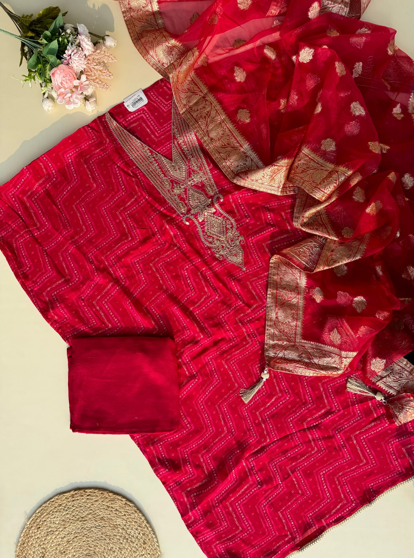 Pure chinnon semi stitched suit with banarsi woven dupatta