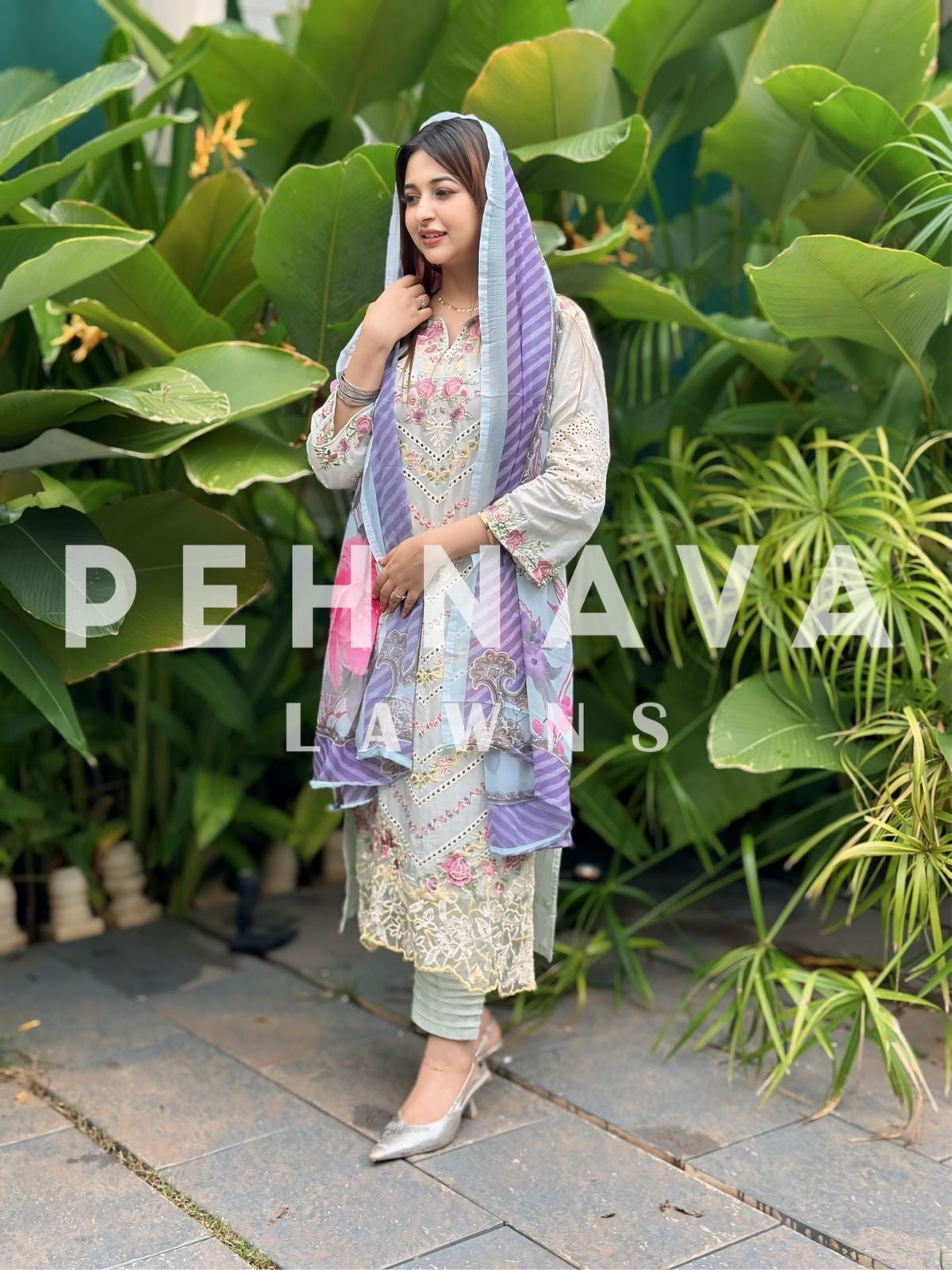 Cotton fully embroidered suit with  chiffon dupatta-3521