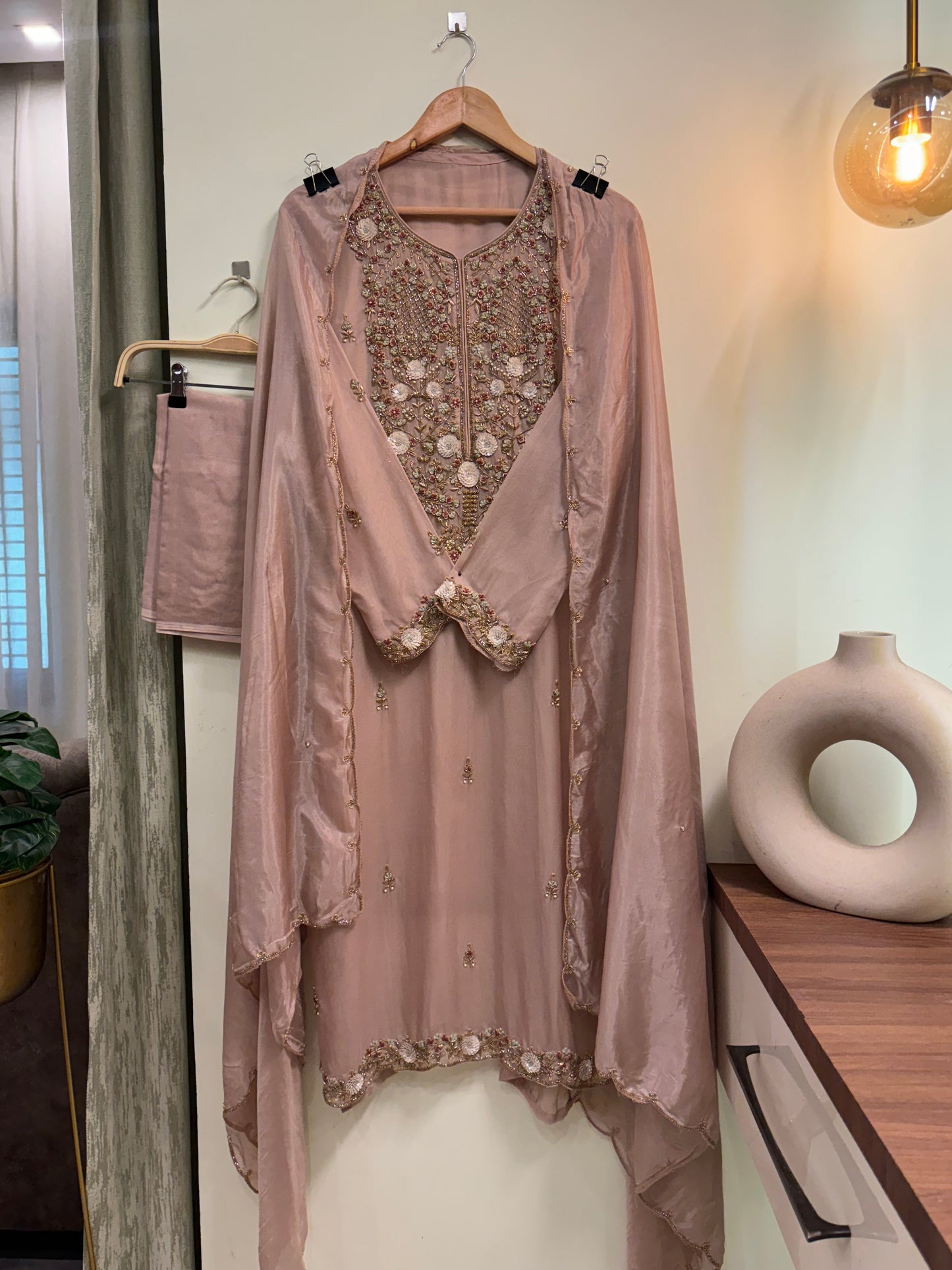 Premium organza handwork semi-stitched suit-mauve