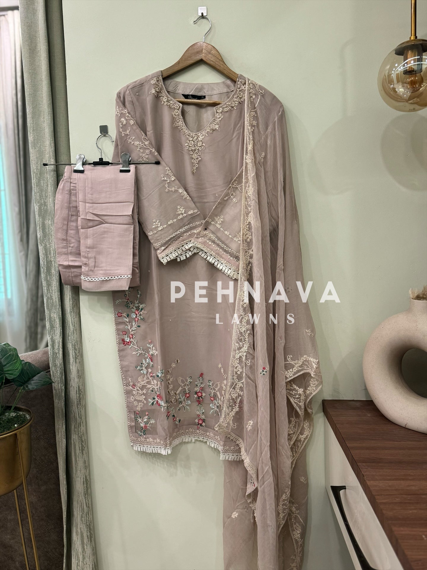 Embroidered chiffon suit with handwork detailing-1223