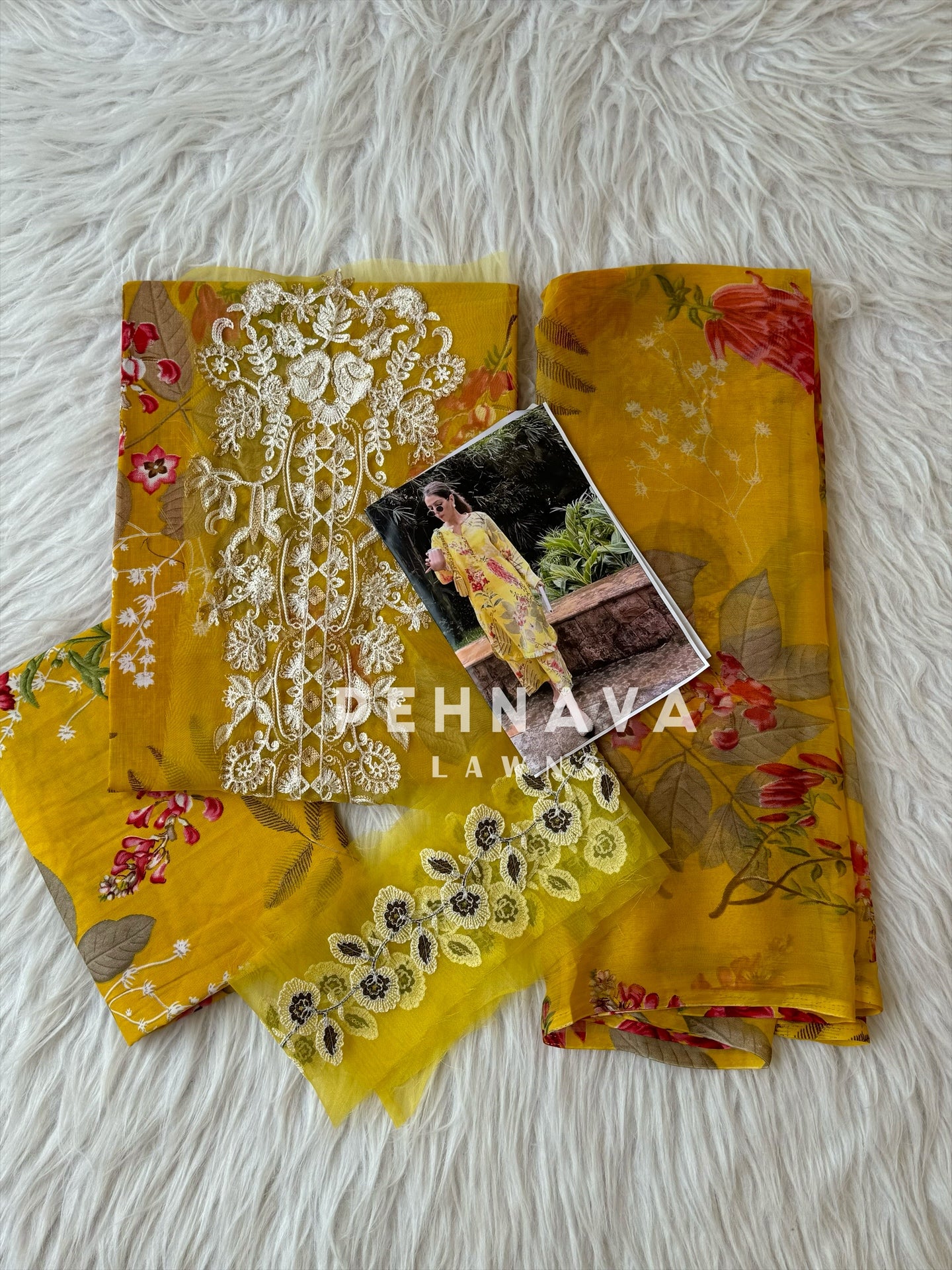 Printed casual suit with chiffon dupatta-fr yellow