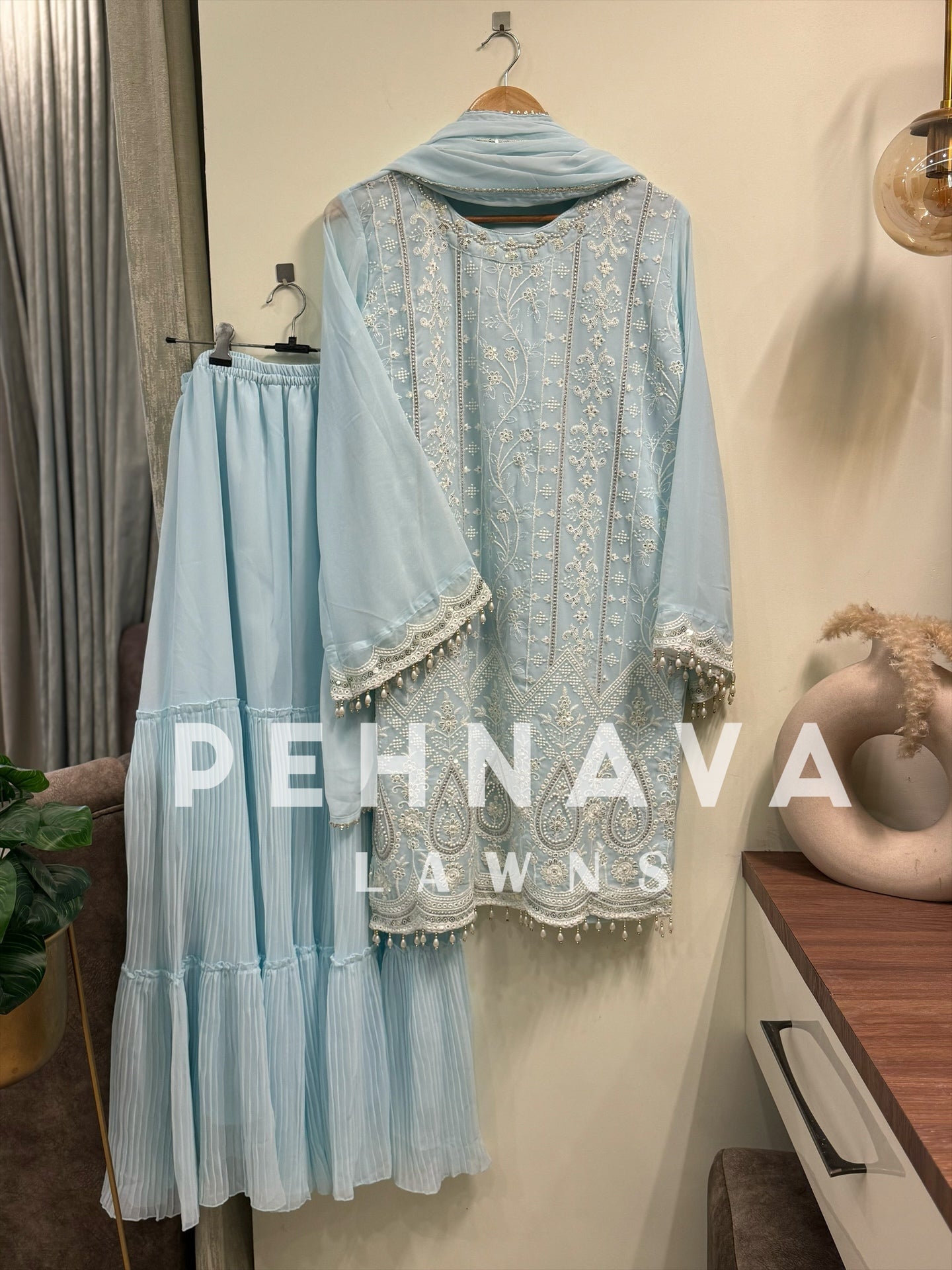 Pastel blue Georgette embroidered party wear