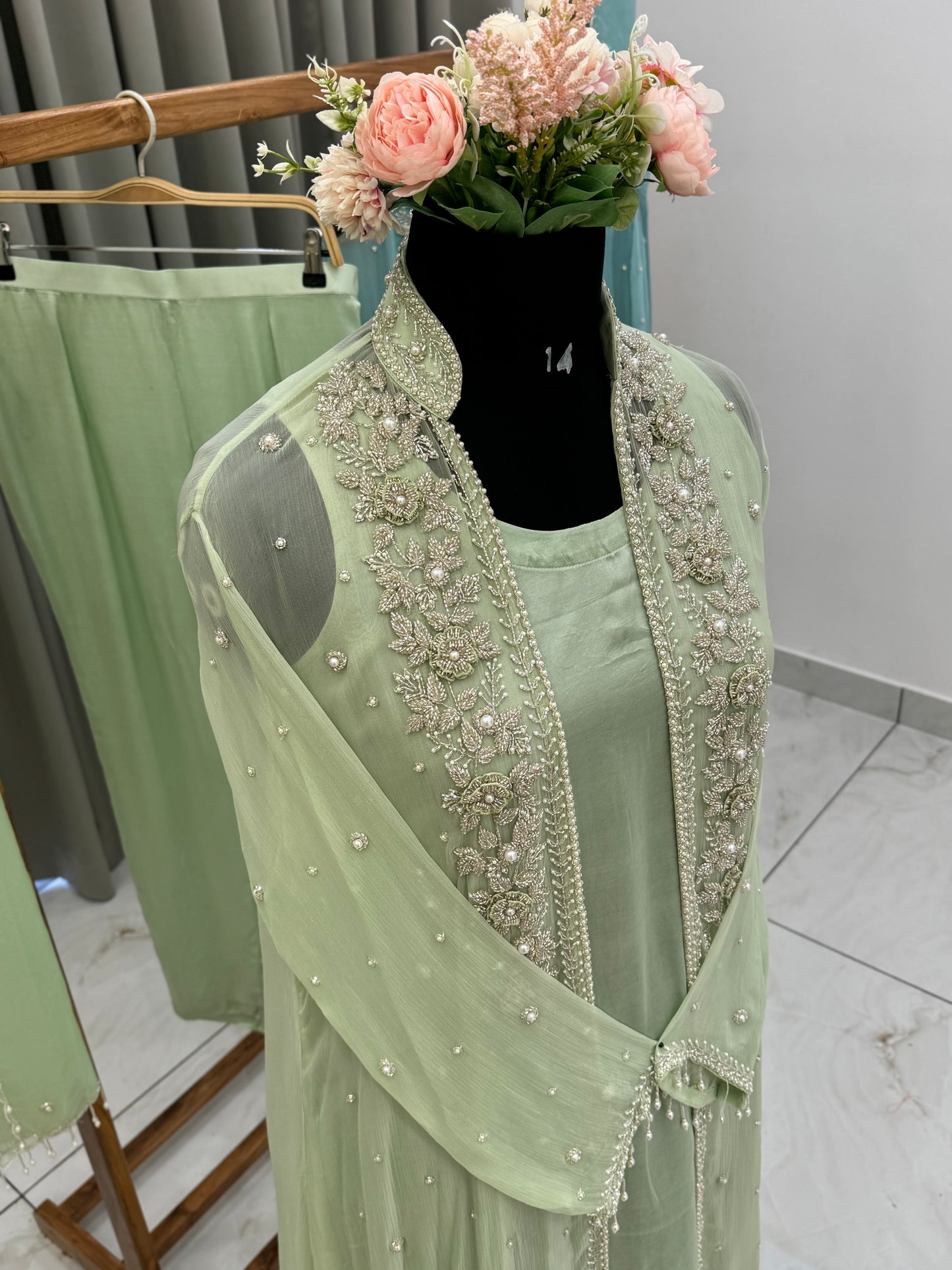 Premium Chiffon handworked jacket style with scalloped organza dupatta