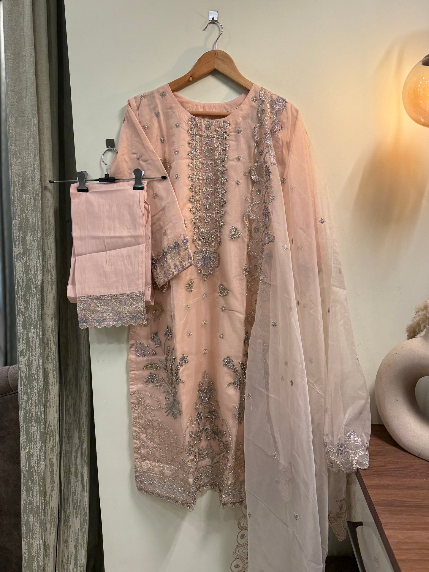 organza embroidered suit-peach