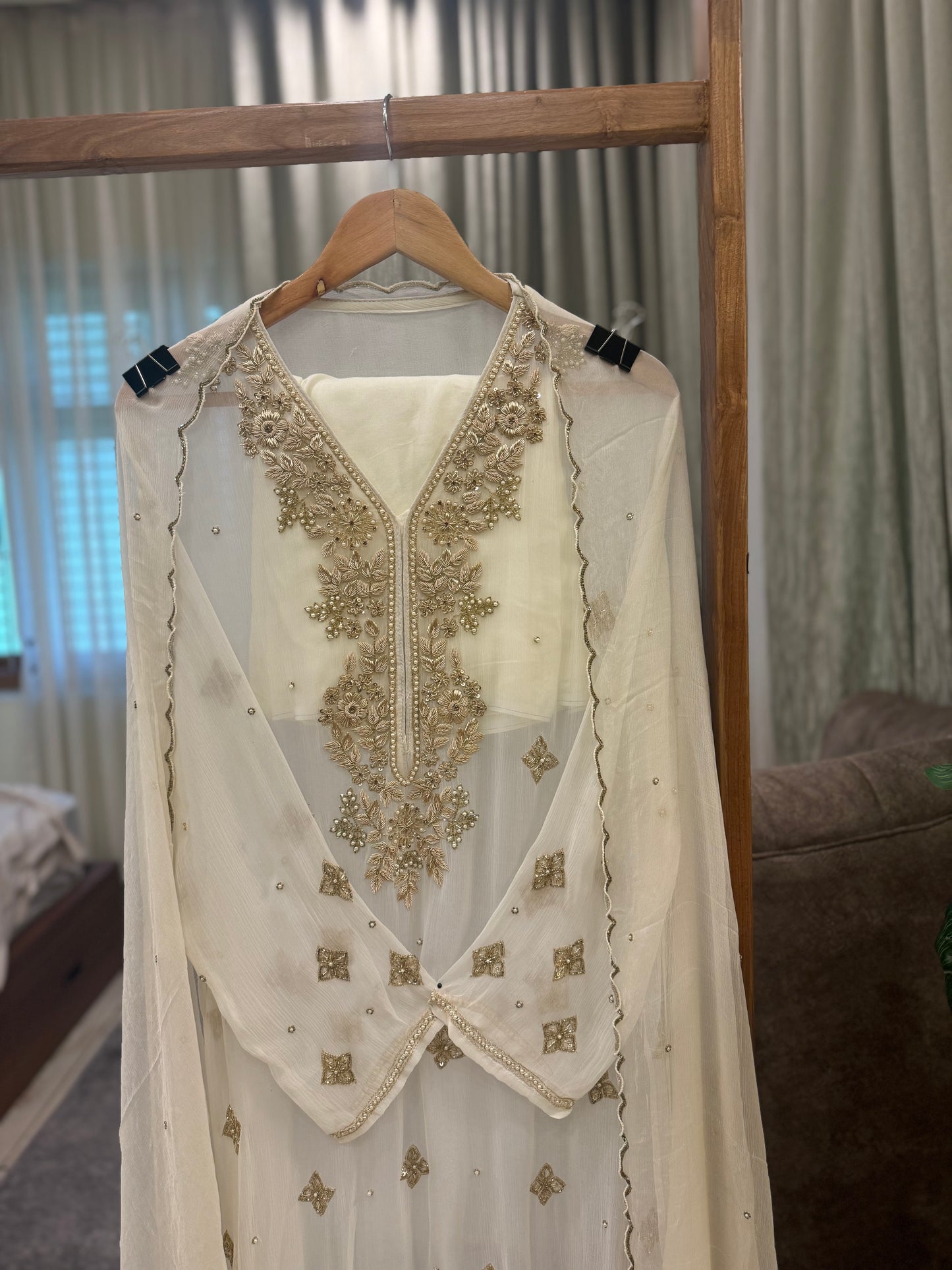 Premium Chiffon handwork suit with  bottom and chiffon scalloped dupatta-Noor