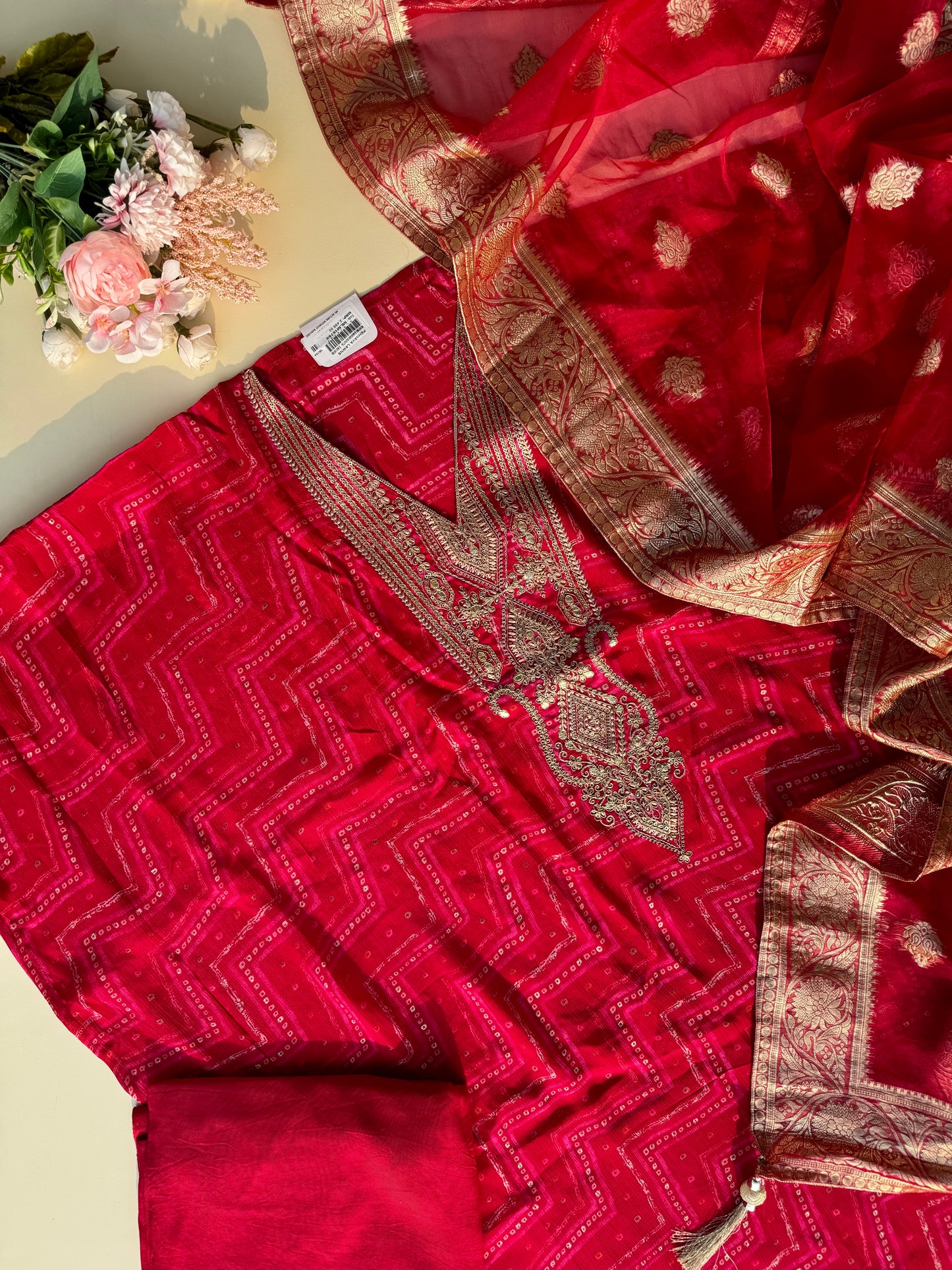 Pure chinnon semi stitched suit with banarsi woven dupatta