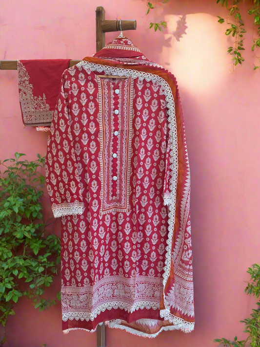 Khaadi Red & White Embroidered 3-Piece Lawn Suit with Tassels, Laces & Buttons