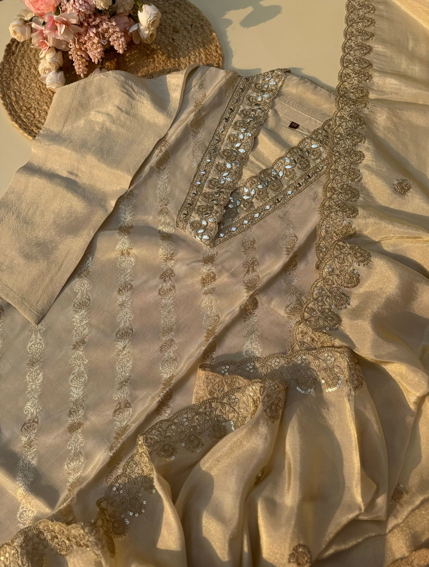 Offwhite Tissue ready to wear suit with scalloped dupatta