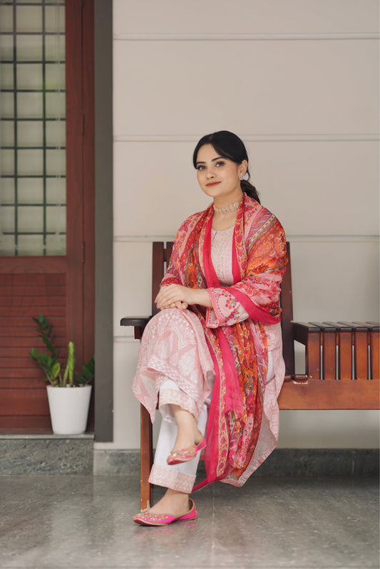 Pink embroidered casual suit-1533