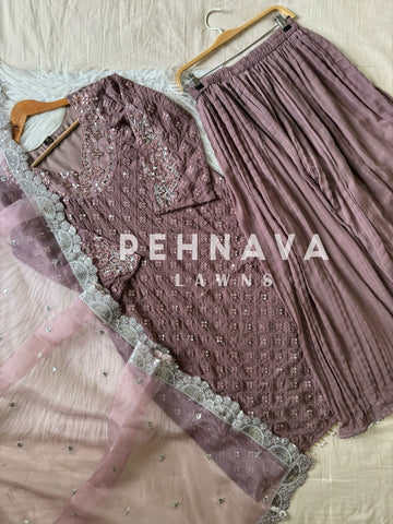 Designer party wear long pakistani suit-mauve