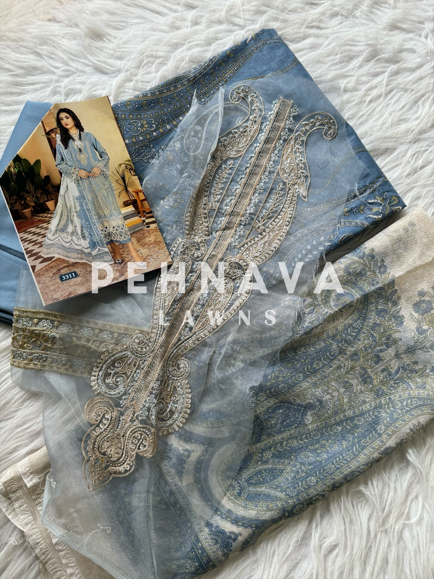 Beautiful blue Printed casual suit with chiffon dupatta -3311