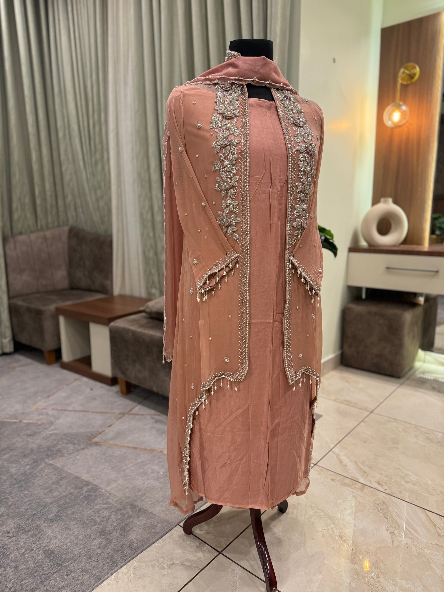 Premium Chiffon handworee jacket style with scalloped organza dupatta