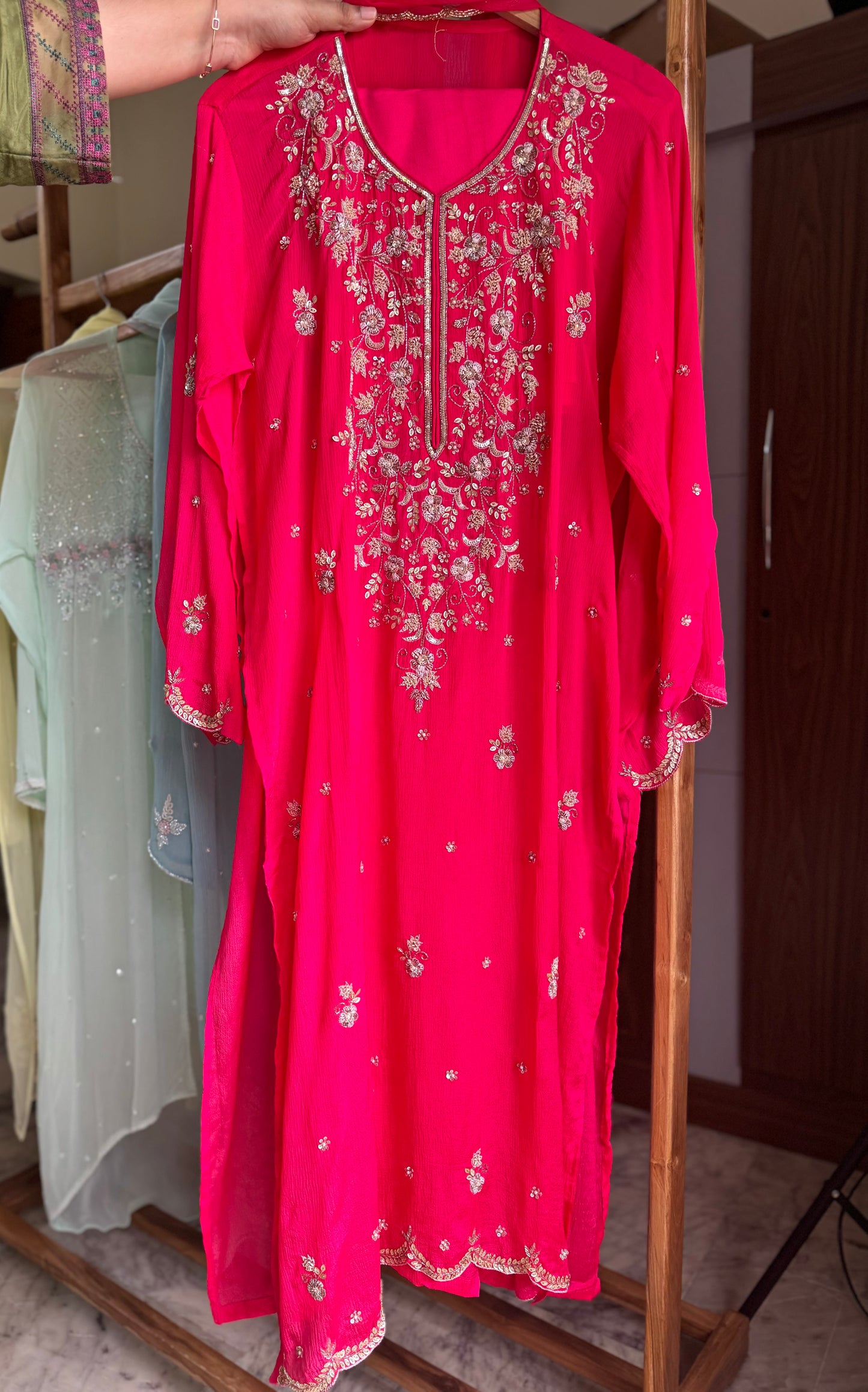 Premium Chinnon handwork semi-stitched suit-hot pink