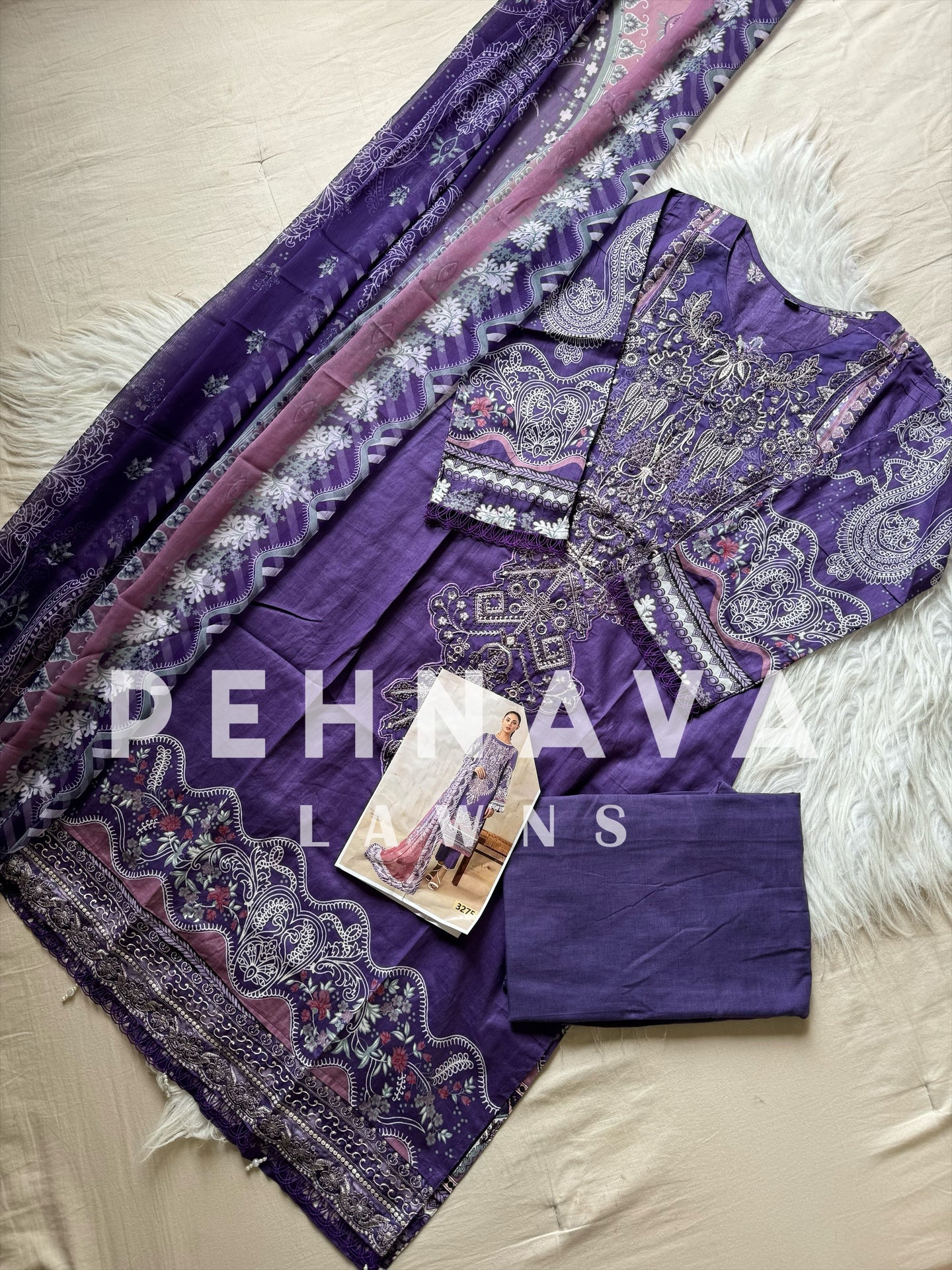 Embroidered cotton suit with chiffon dupatta -violet 3275