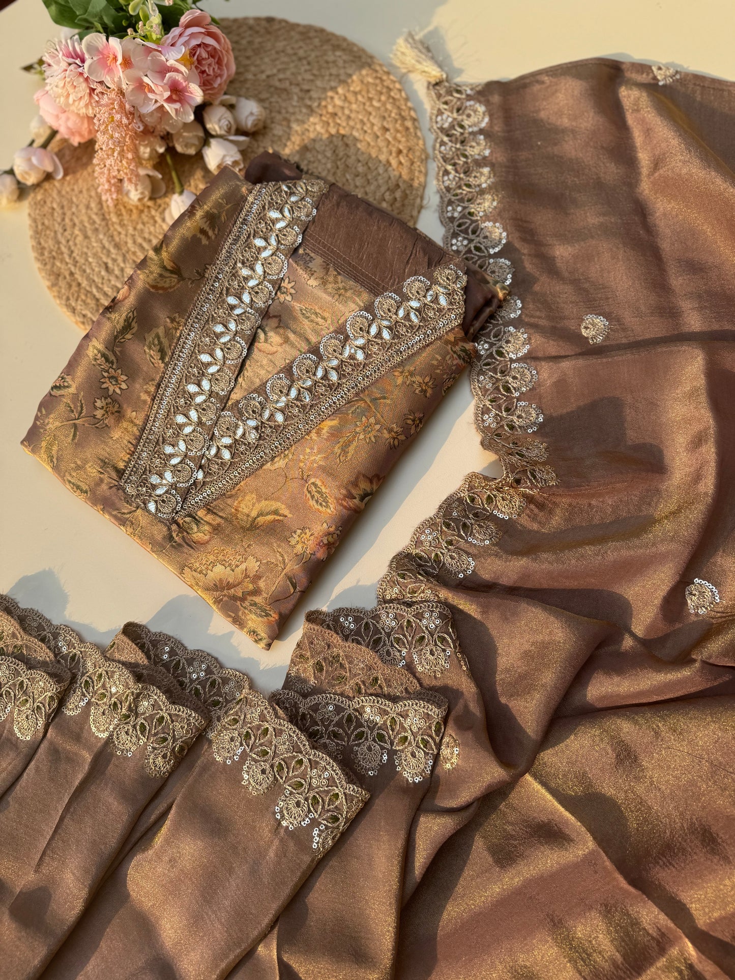 Tissue unstitched suit with tissue scalloped dupatta