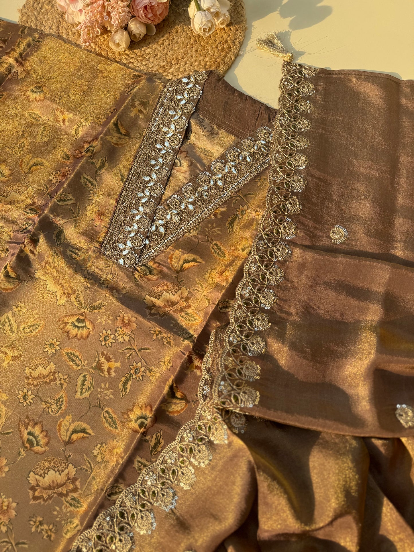 Tissue unstitched suit with tissue scalloped dupatta