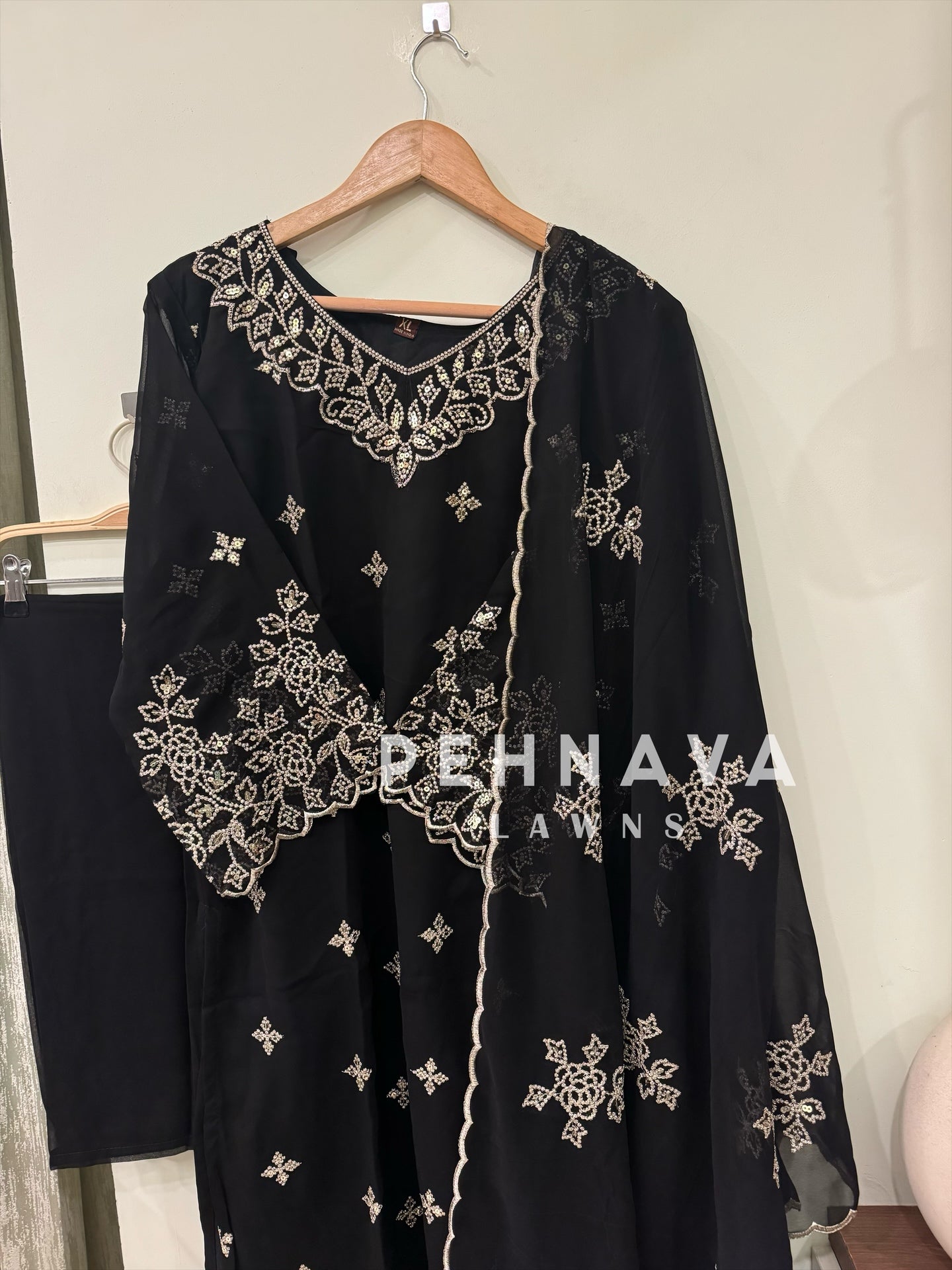 Premium designer ready to wear 3 peice embroidered suit-black