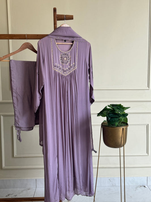 Pure chinnon hand embroidered A-line suit-Lavender