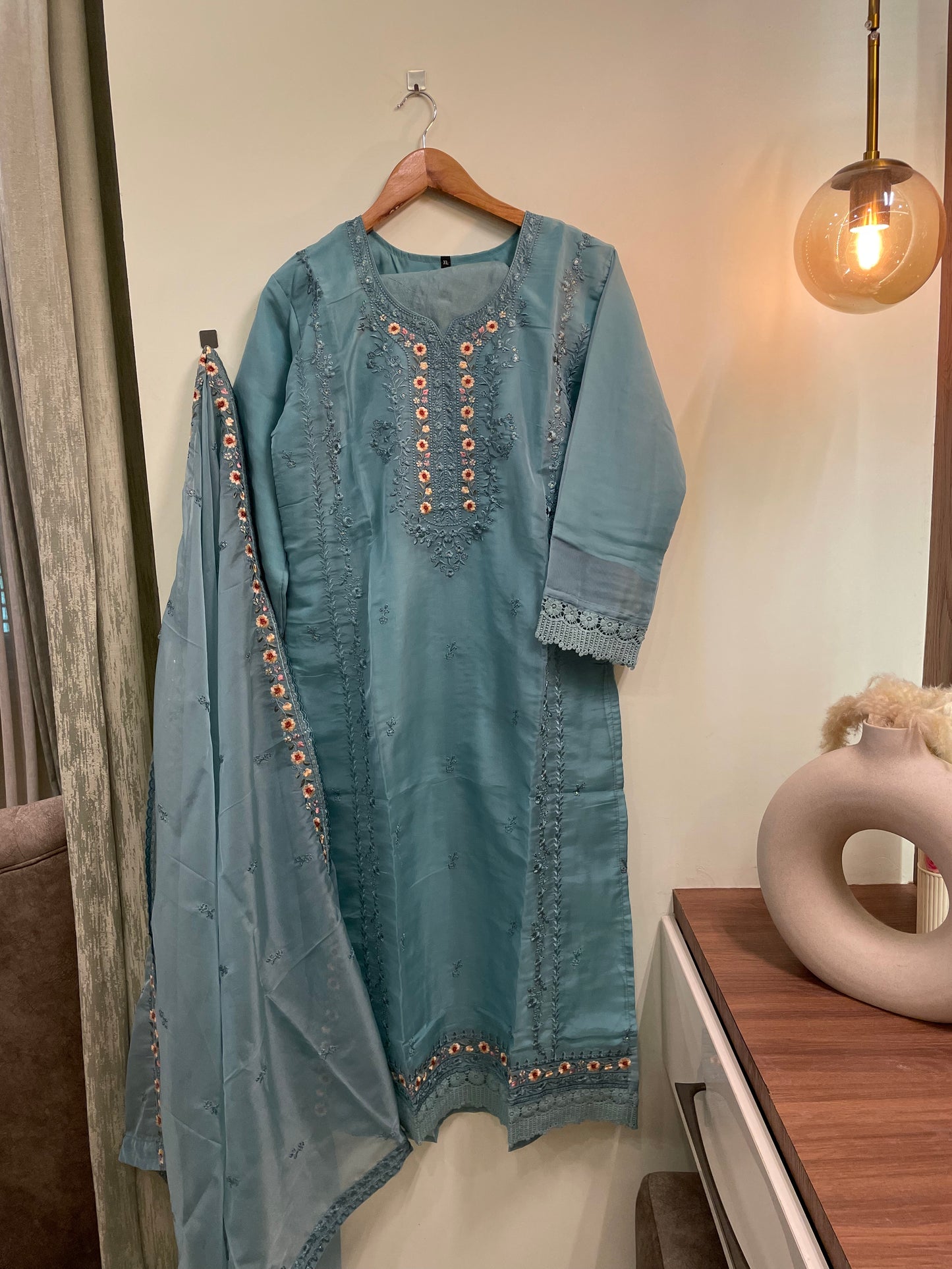 Organza embroidered suit-6917M